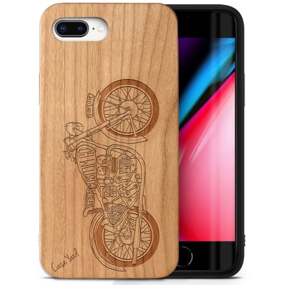 Case Yard Wooden Case Outside Soft TPU Silicone Slim Fit Shockproof Wood Protective Phone Cover for Girls Boys Men and Women Supports Wireless Charging Vintage Motorcycle Design case for iPhone-8-Plus