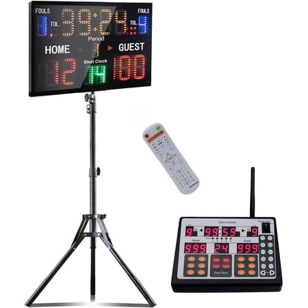 Battery Powered Basketball Scoreboard with Shot Clock Digital Scoreboard with Remote and panel Electronic Scoreboard with Timer Clock Digital Score Keeper Outdoor Tripod Included