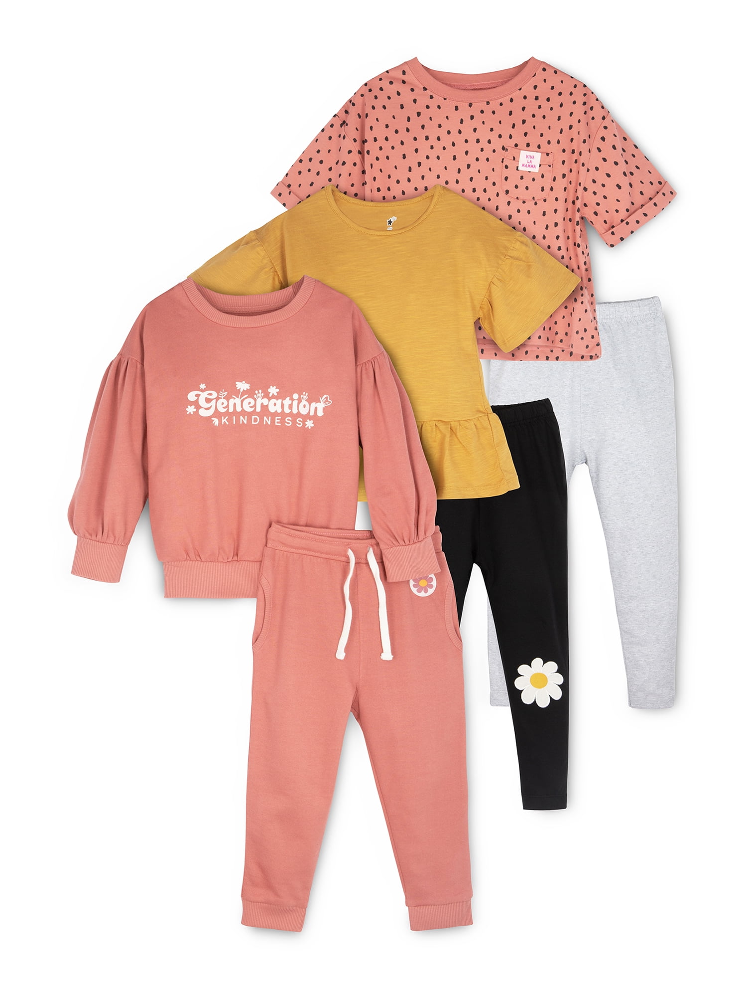 Little Star Organic Toddler Girl 6Pc Mixed Outfit Sets, Sizes 12M-5T