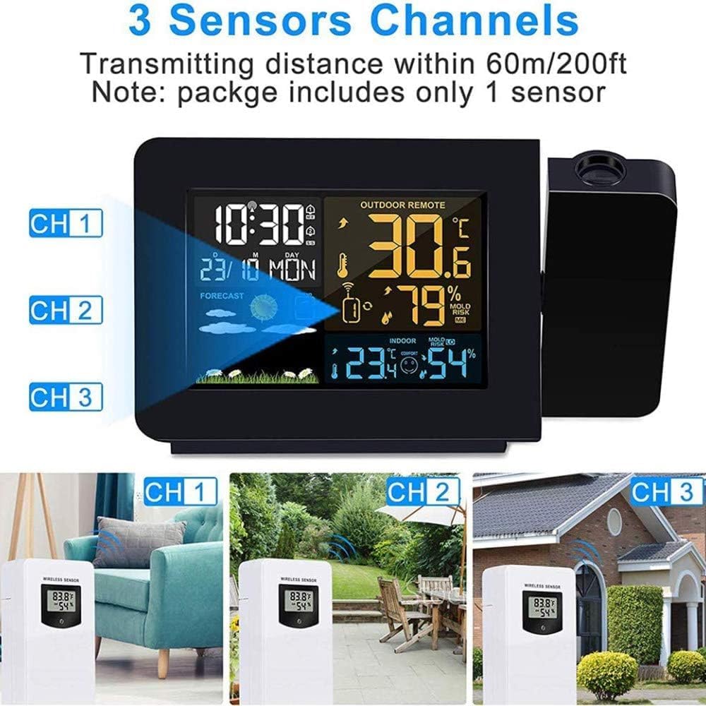 Projection Alarm Clock with Weather Station, Atomic Digital Alarm Clock with Projection on Ceiling,Indoor Outdoor Temperature Humidity Monitor Gauge,for Home Bedroom