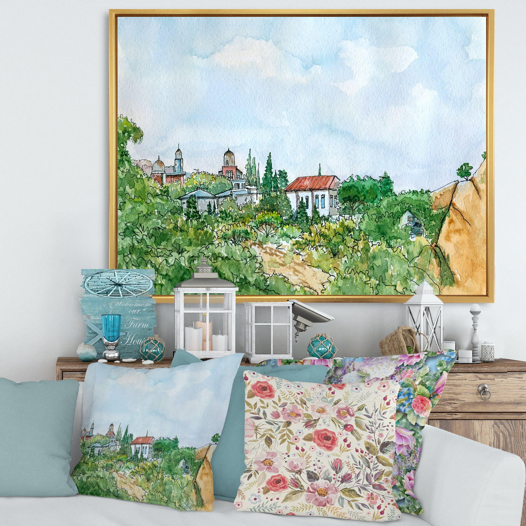 Designart 'White House With Red Roof In The Lush Green Countryside' Traditional Framed Canvas Wall Art Print