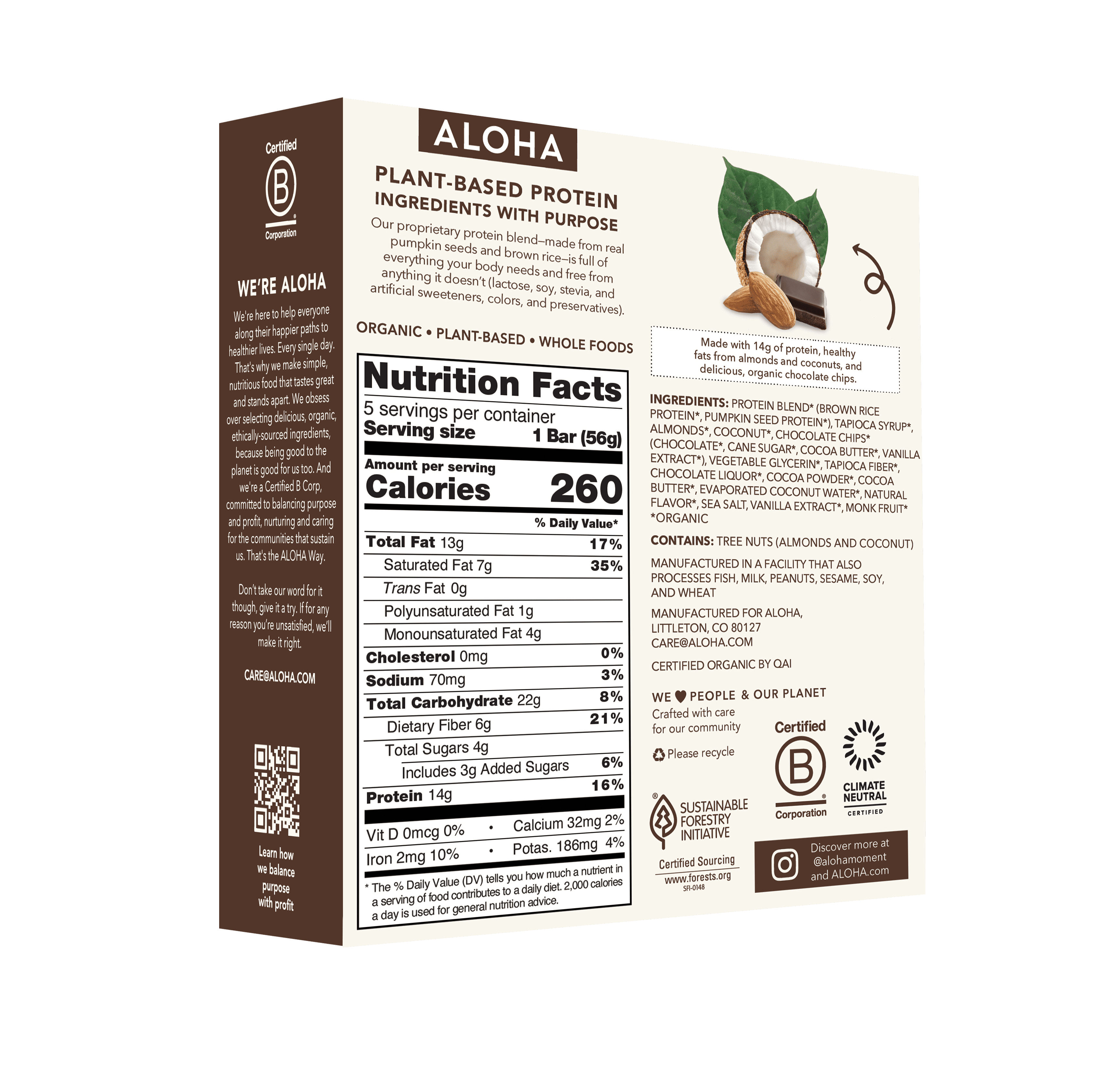 Aloha Plant Based Protein Bars, 14g Protein, Coconut Chocolate Almond, 5 Pack