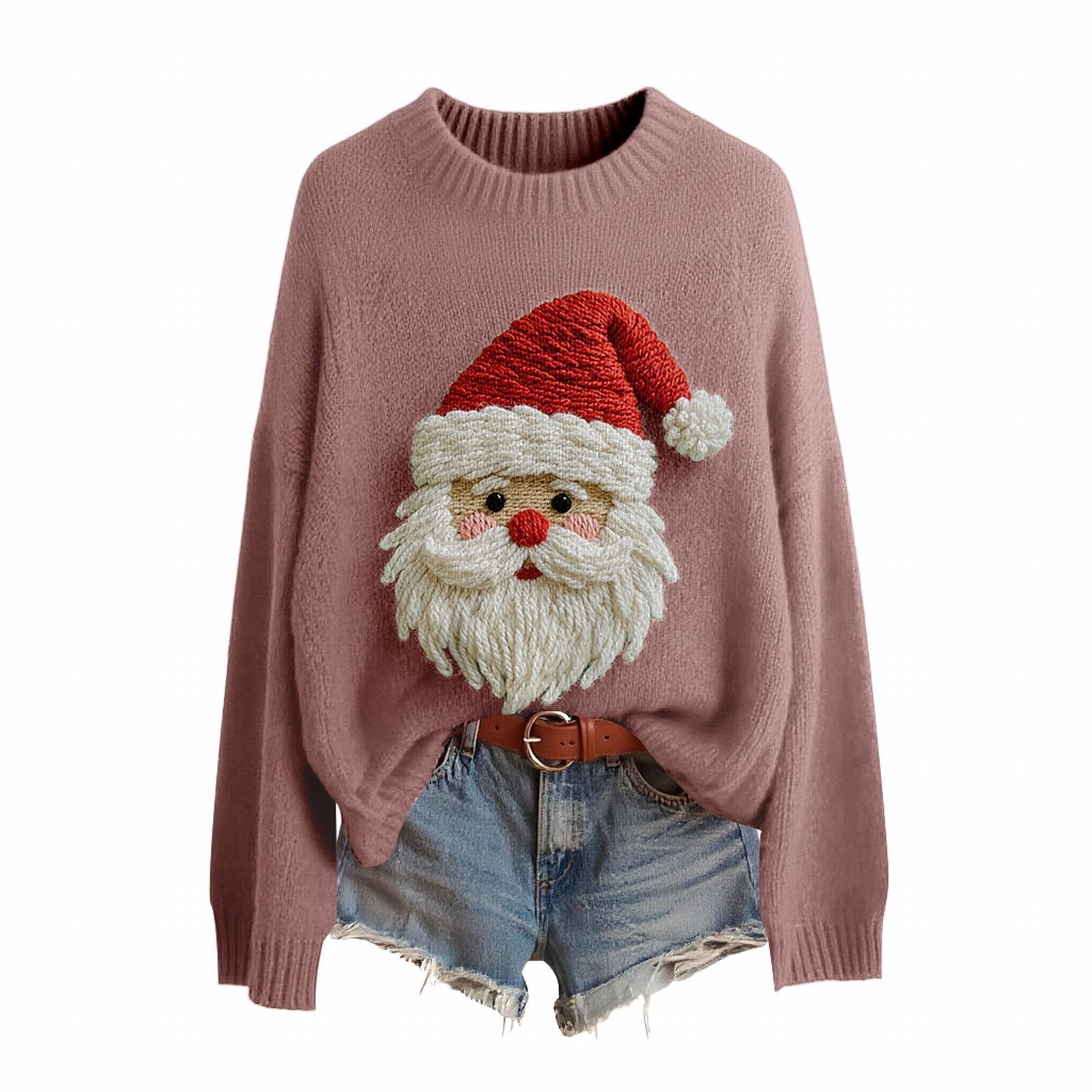 BODOAO Christmas Sweater for Women Retro Cute Santa Claus Graphic Long Sleeve Knitted Crew Neck Xmas Pullover Tops Novelty Funny Creweck Knit Pullover Sweaters Holiday Party Graphic Sweatshirts