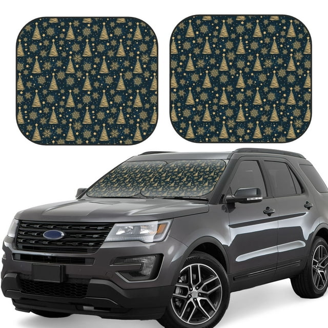 Saiise Gold Snowflake Christmas Tree for Foldable Car Sun Shades (2-Pack) Offer Sun Protection with an Easy-fold Design for Convenient Windshield Shading-Large
