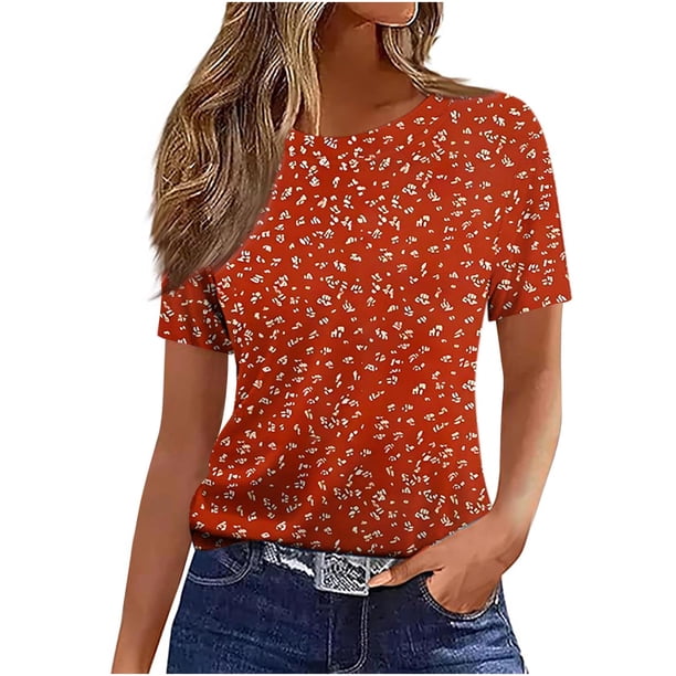 Camiseta de Manga Corta de Verano para Mujeres Delgada Moda Casual Impresa No Estructurada Cuello Redondo Mujer Manga Corta Tops Casual