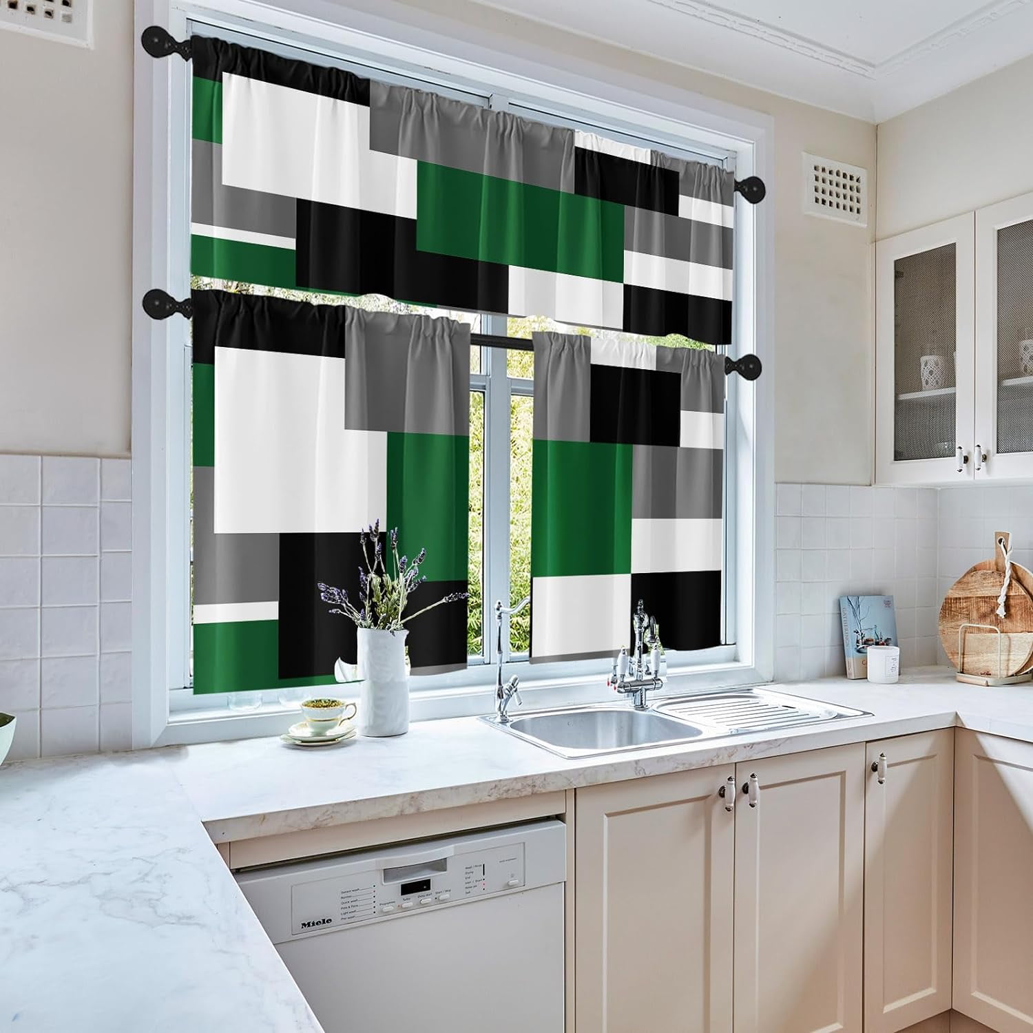 Green Geometric Kitchen Curtains Checkered Window Curtains Valance and Tier Set 36 Inch, Black Grey White Short Tier Curtain for Kitchen, Modern Abstract Small Kitchen Decor