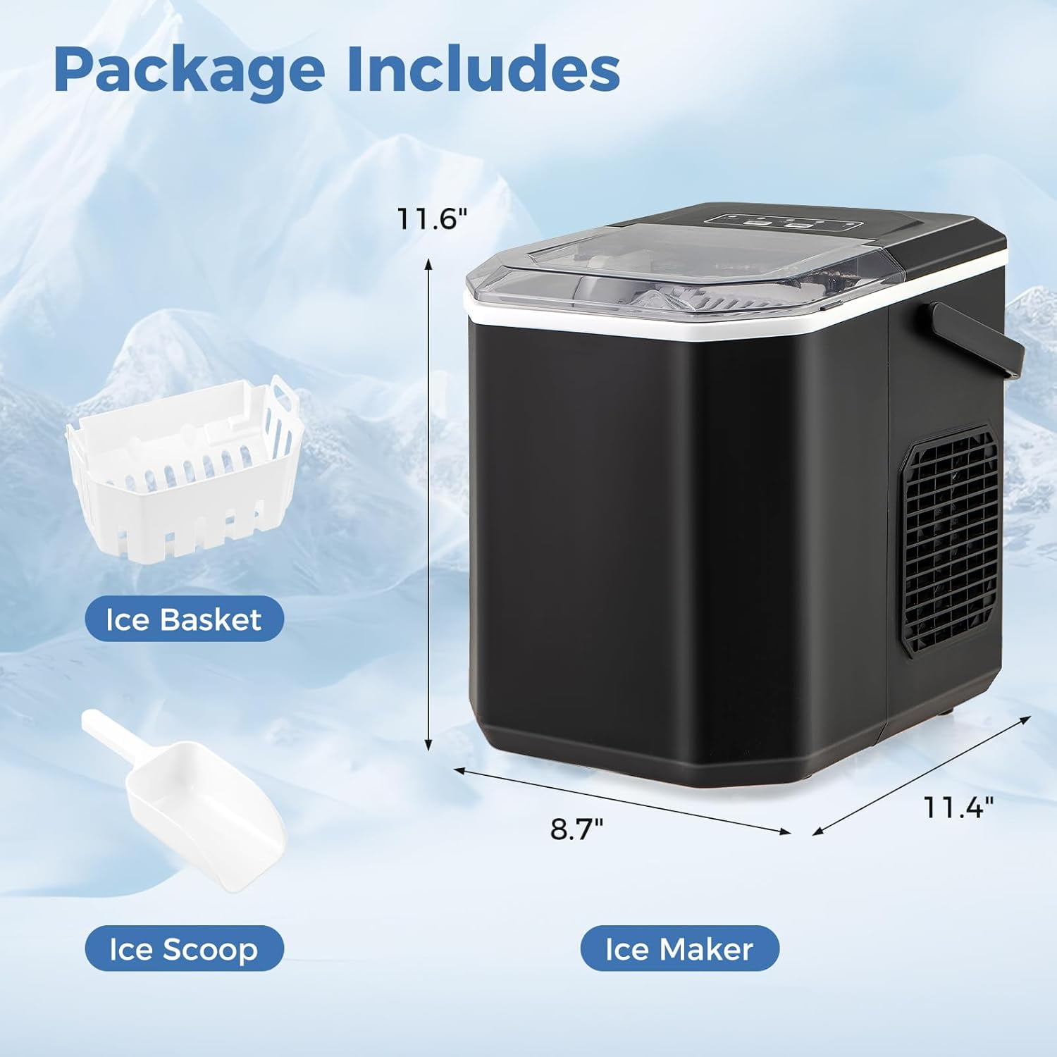XYGOO Countertop Ice Maker with Self-Cleaning, 9 Ice Cubes Ready in 6-13 Mins, 26.5Lbs/24H, 2 Sizes of Bullet Ice, Portable Ice Machine with Handle, Ice Scoop and Basket for Home Office (Black)