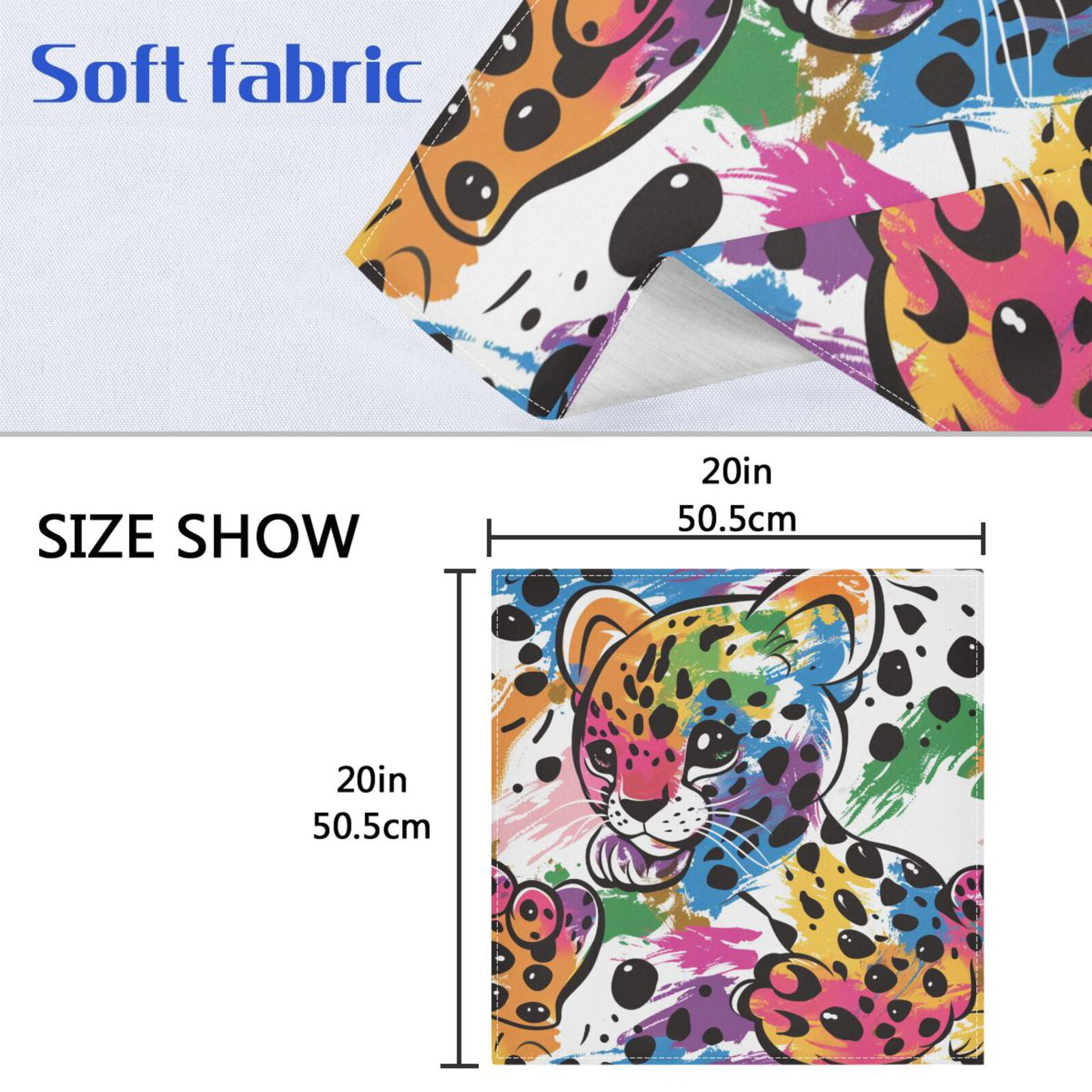 JSTEL Cute Leopard Cartoon Rainbow Cloth Napkins Set of 6, 20x20 Inch Washable and Reusable Napkin for Decoupage Dinner Party Everyday Use