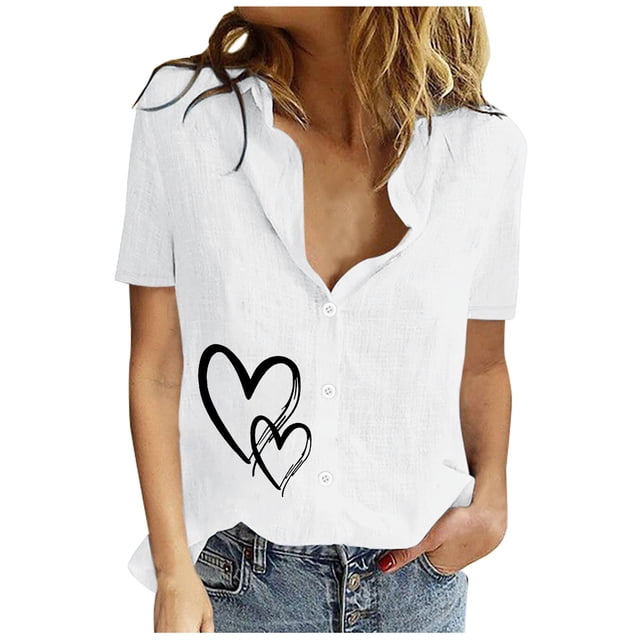 EQWLJWE Chemises pour Femmes Liquidation Femmes Manches Courtes Décontracté Femmes Imprimé Manches Courtes Ample Bouton Col Rabattu Chemise Blouse Unie
