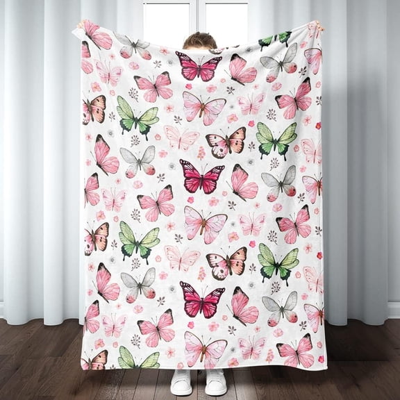 Butterfly Blanket Pink Super Soft Warm Butterfly Throw Blanket - Lightweight Cozy Flannel Flower Throw Blanket Bed Couch Sofa Office Decor, Gift for Girl and Women 50"x40"