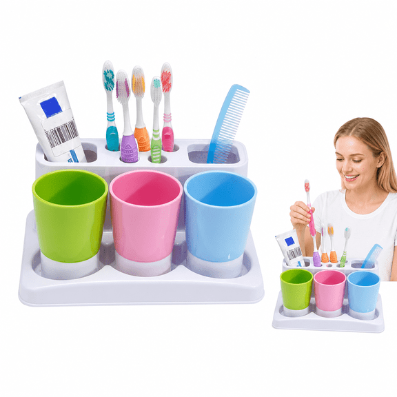 Toothbrush Holders, Toothbrush Organizer, Colorful Bathroom Decor, Bathroom Toothbrush Holder Set, Multi Compartment Countertop Toothpaste Cup Storage Rack with 3 Colorful Mouthwash Cups