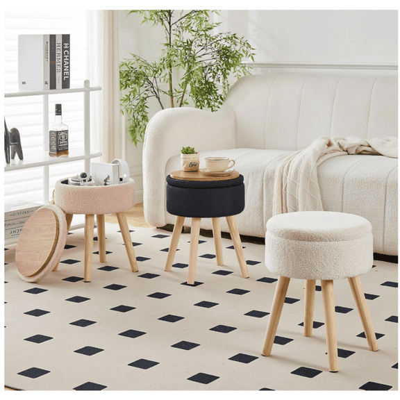 Storage Ottoman Foot Stool Teddy Velvet Round Vanity Stool Tray Top Footstool with Wood Legs Upholstered Foot Rest Ottoman for Living Room, Bathroom, Makeup (White)