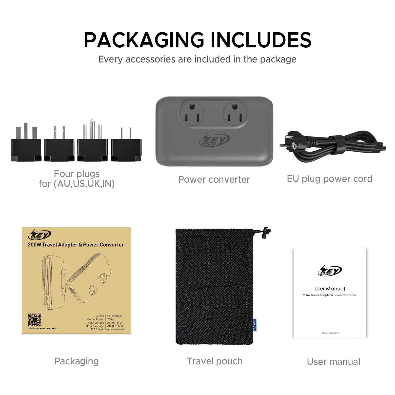 Key Power Power Converter, 230W Step Down 220V to 110V Voltage Converter with USB-C 18W International Travel Adapter Kits for EU UK US AU India More Than 150 Countries