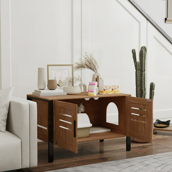 PawHut Cat Litter Box Enclosure with Tall Legs, Hidden Litter Box Furniture Cabinet with Scratching Board, Dark Brown, 31.5"L x 17.7"W x 19.7"H