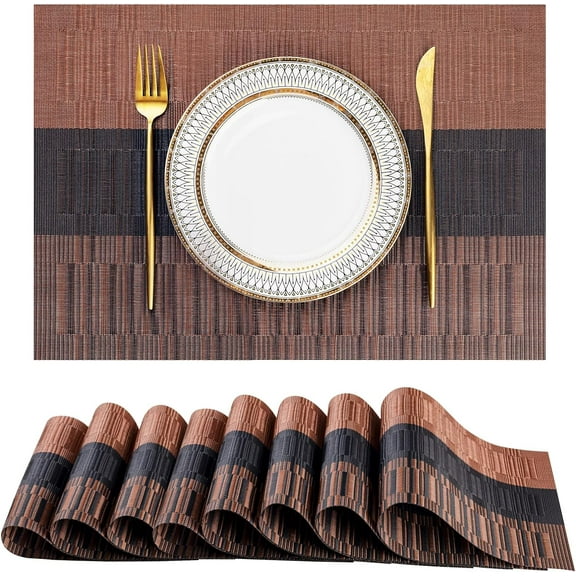Placemats Set of 8 Washable Indoor/Outdoor Vinyl Place Mats for Dining Table PVC Weave Table Mats(Coffee-Black Gradient)