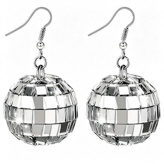 DESIGNICE Disco Ball Earrings for Women Silver Punk Disco Mirrorball Earrings 70S Outfits Dance Party Costume Accessories Jewelry Gifts Silver Disco Ball Earrings