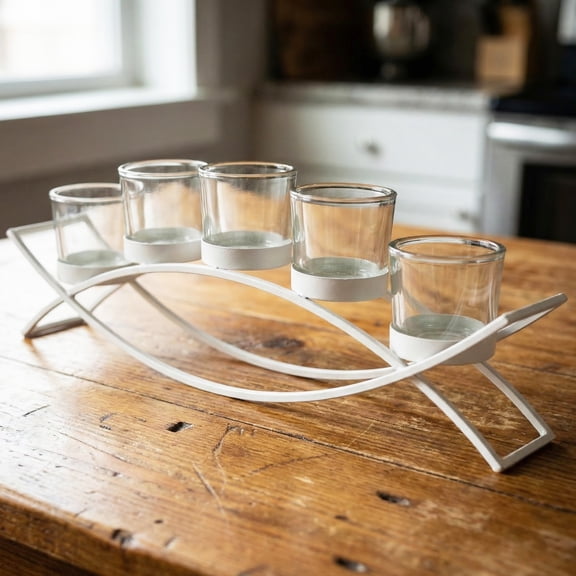 Seraphic Iron Arch Table Centerpiece Decorations Long Candle Holder for Weddings, Patio, Kitchen, Dining Room, and Coffee Tables, White, Clear Chunky 5 Cups
