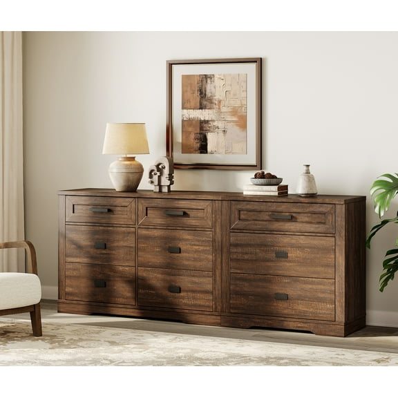 2 in 1 Dresser with 9 Drawers for Bedroom, Wooden Dressers with Small Chest of Drawers, Mid Century Modern Dresser with Metal Handles for Liviing Room, Hallway, Rustic Brown