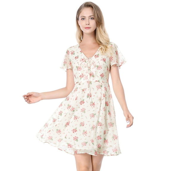 DARING DIVA Floral Flouncing Sleeve V Neck A-Line Chiffon Dress XS White