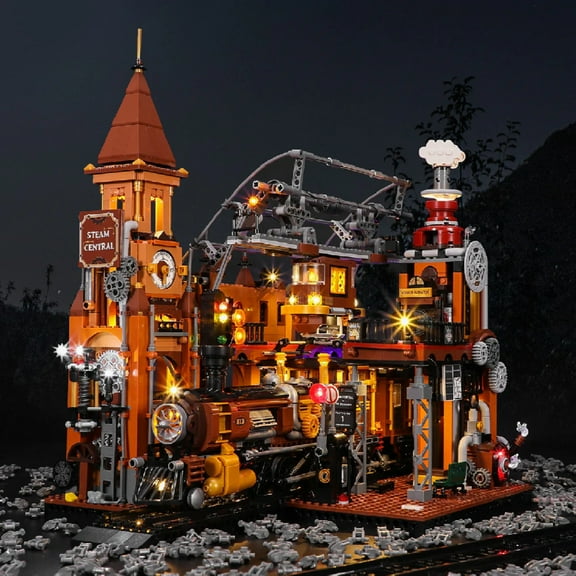 Steampunk Train Station Building Blocks Light Puzzle Model Toys
