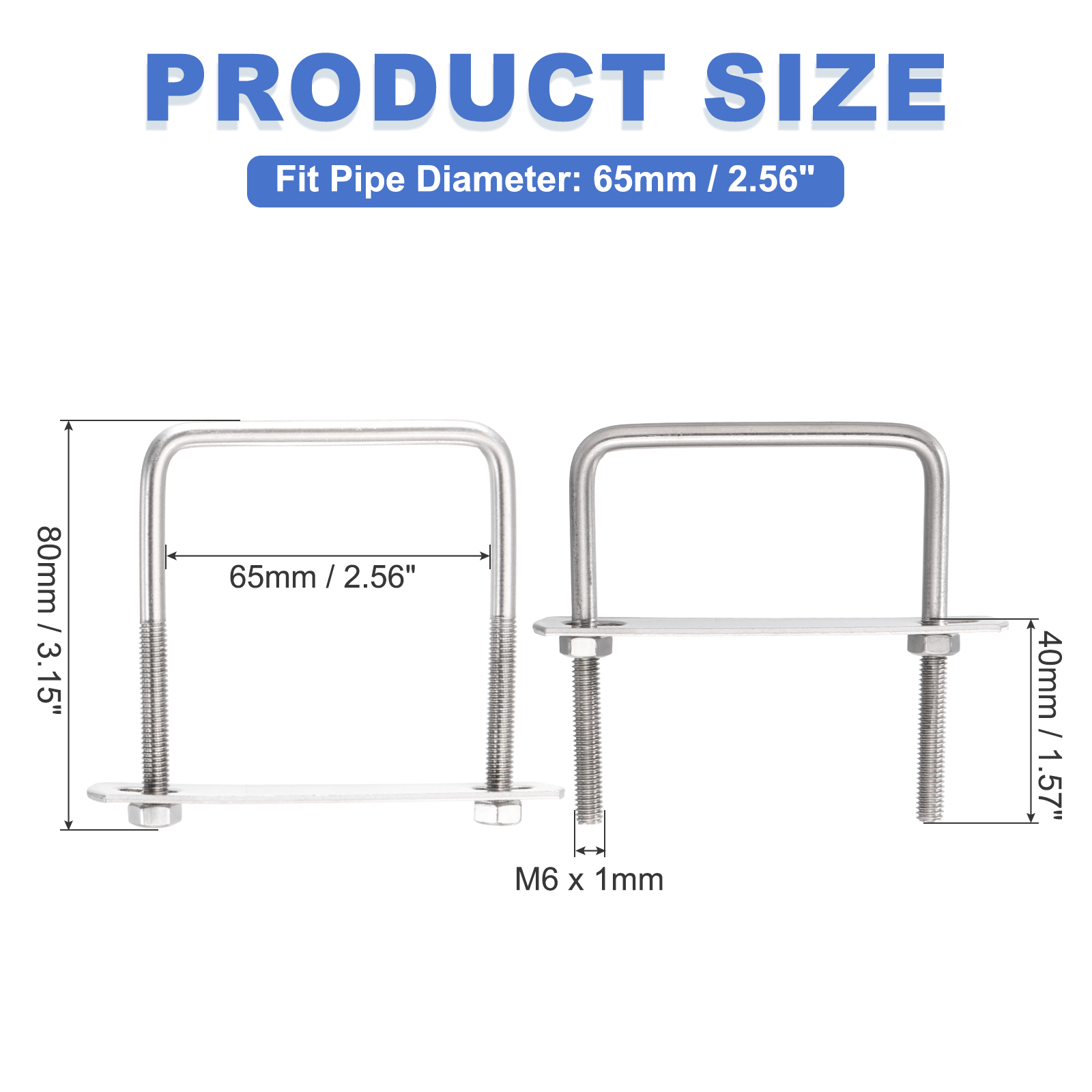 Uxcell 6 Sets M6 Square U-Bolts, 2.6" Inner Width 3.15" Length 304 Stainless Steel U Clamp Bolts with Nuts, Plates and Wrench