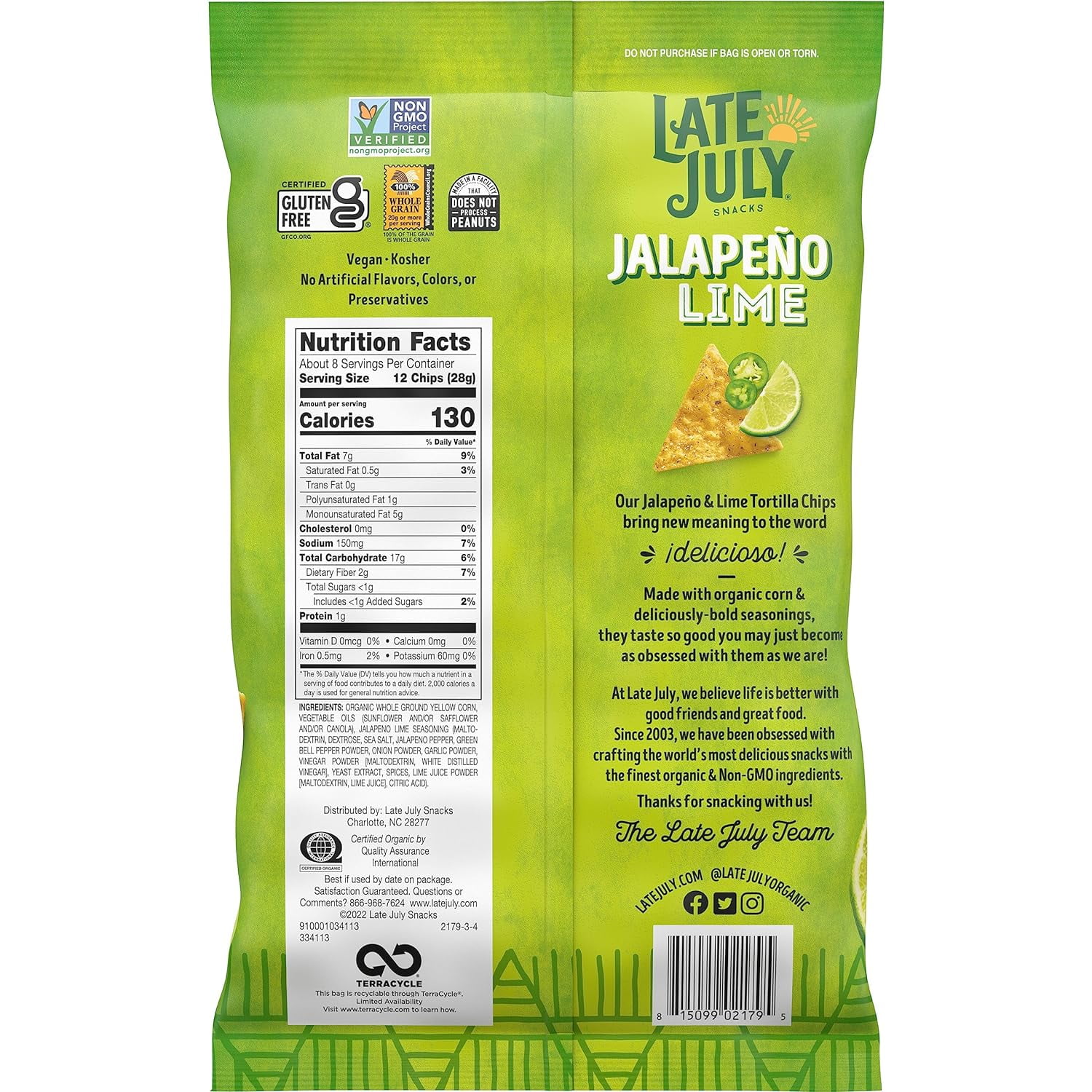 Late July Tortilla Chips Jalapeño Lime 7.8 oz Pack of 4
