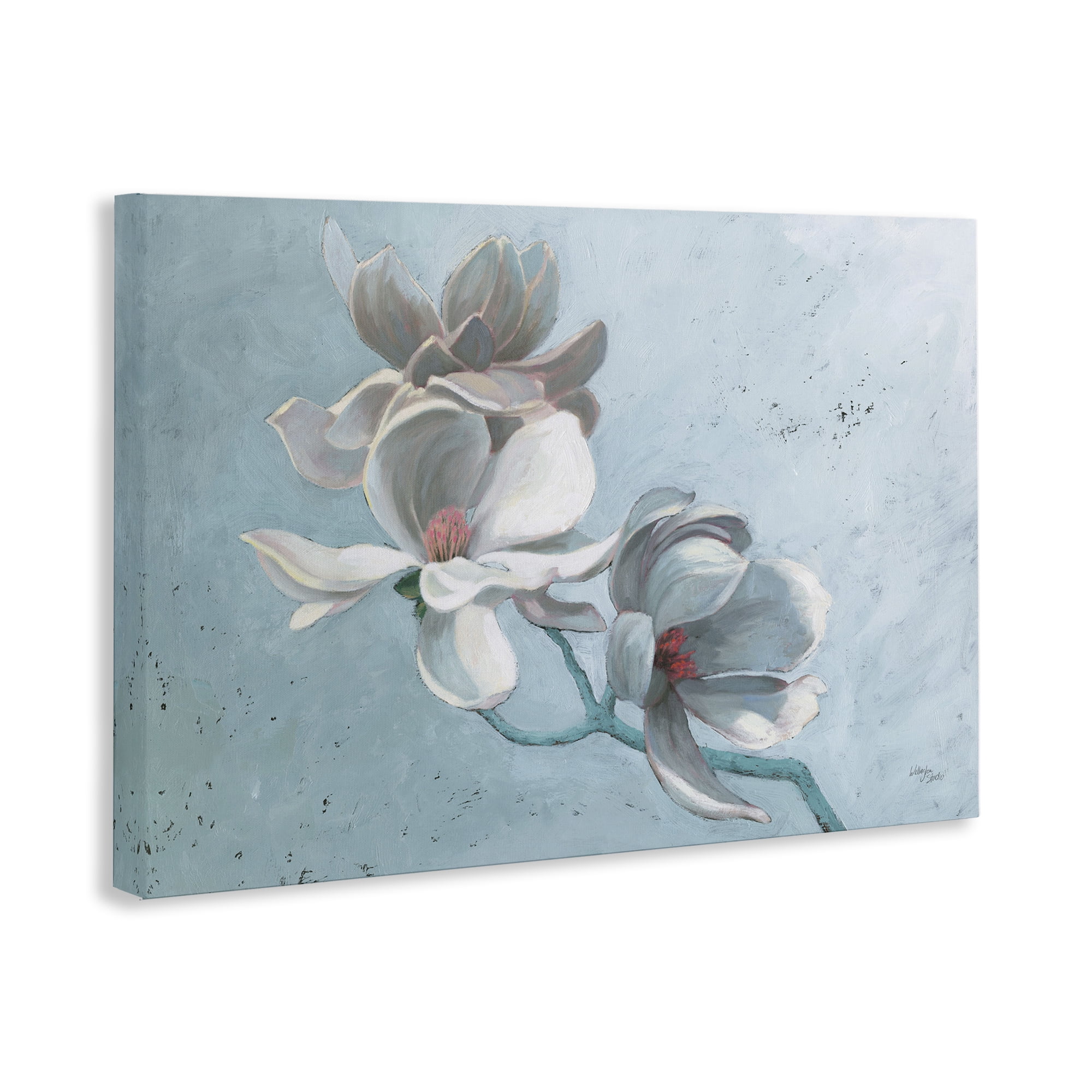 Stupell Industries Magnolia Branch on Blue Botanical & Floral Painting Gallery Wrapped Canvas Art Print Wall Art, 24 x 16