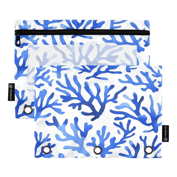 2 Pack 3 Ring Binder Pouch with Clear PVC Window Water Resistant Zipper Pencil Pouch Blue Coral Pattern Binder Pocket for Classroom Office Home Stationery Organization