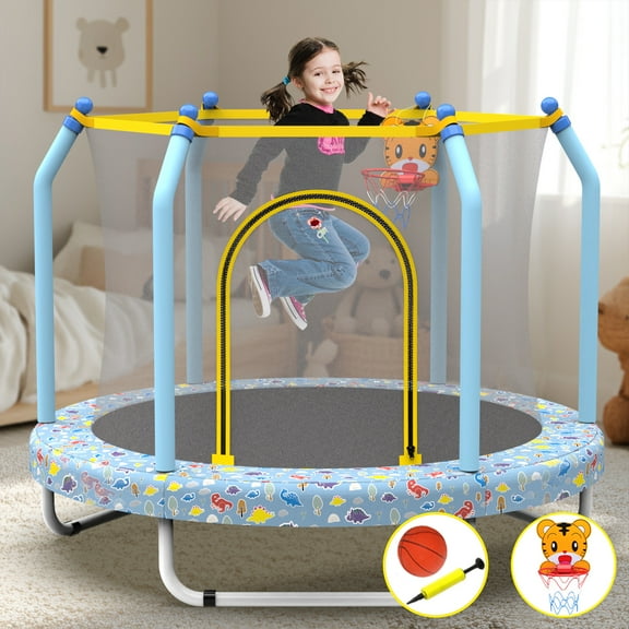 Toddler Trampoline with Basketball Hoop on Clearance for Kids, SEGMART 55" Kids Round Trampoline with Enclosure Net, Heavy Duty Outdoor Recreational Small Trampoline with Ball, Gift for Boys Girls
