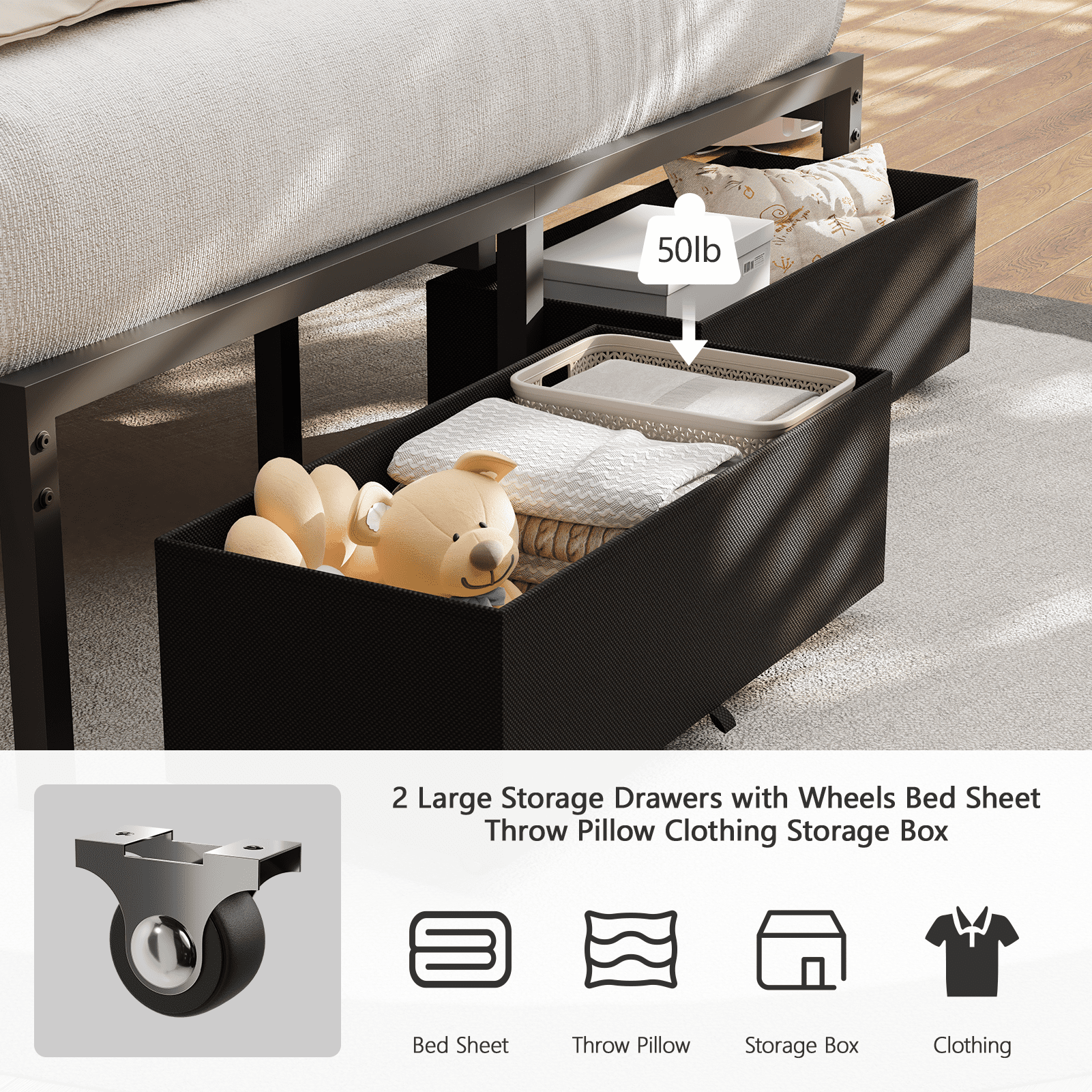Tydimor Queen Upholstered Sturdy Metal Bed Frame with LED Lights, 2 Storage Drawers & Charging Station