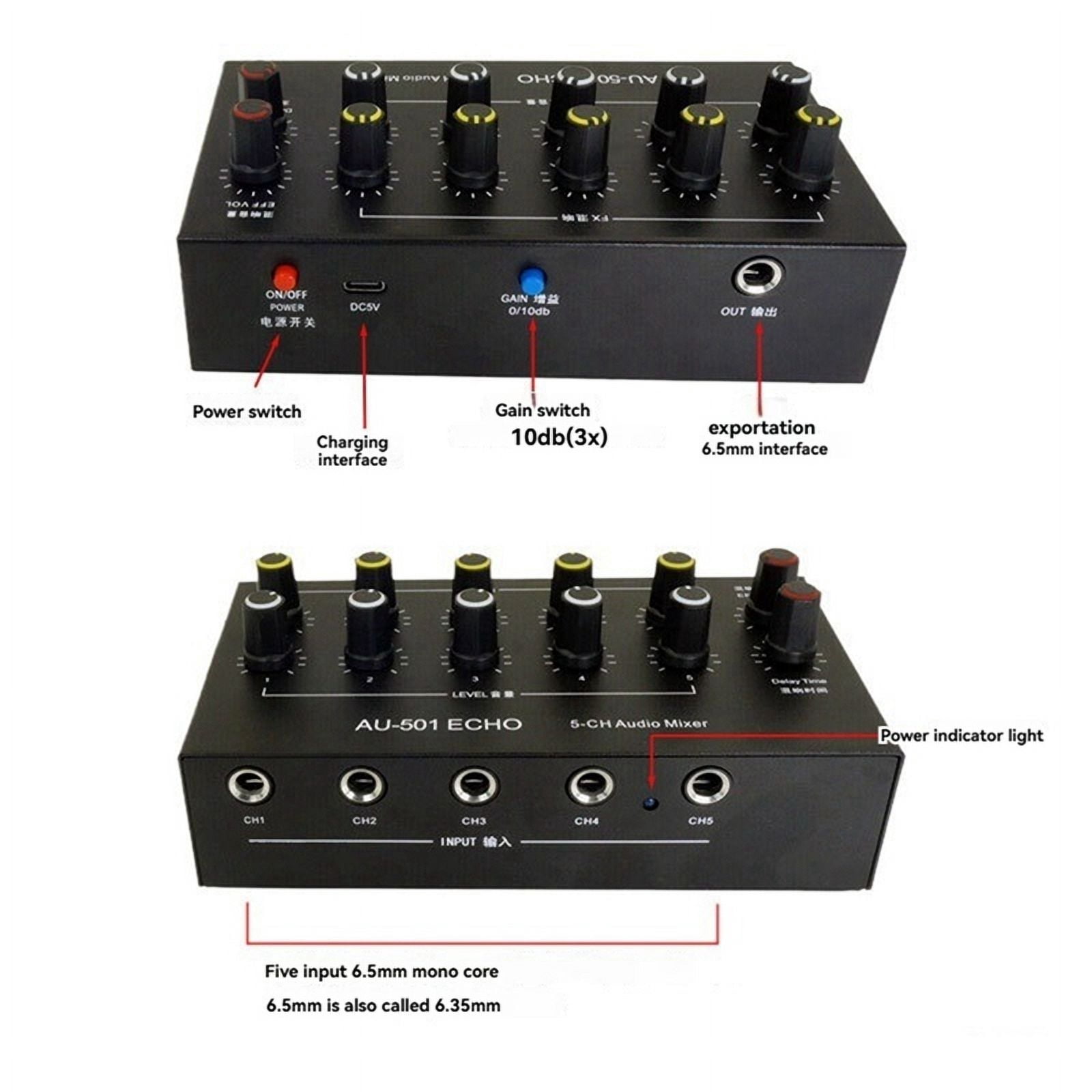 5-Channel Audio Mixer Portable Mini Microphone Extender Mixing Console with Reverb Type-C Rechargeable B