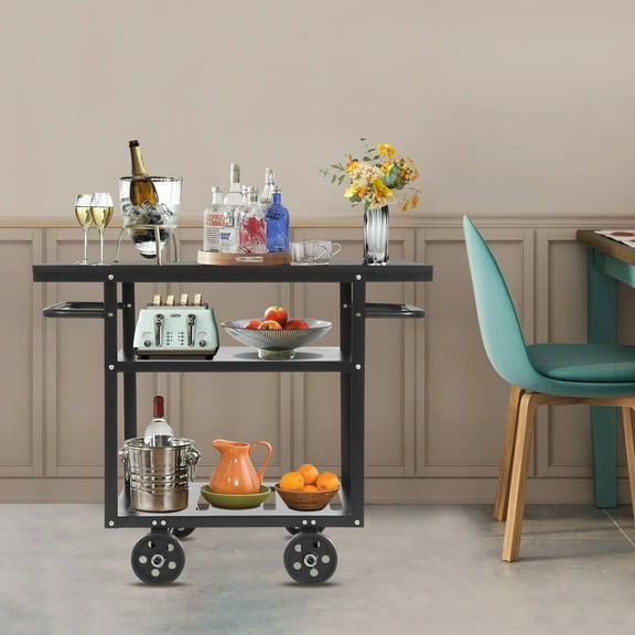 Rolling Bar Cart Industrial Mobile Serving Cart Trolley Kitchen Storage 3 Tiers
