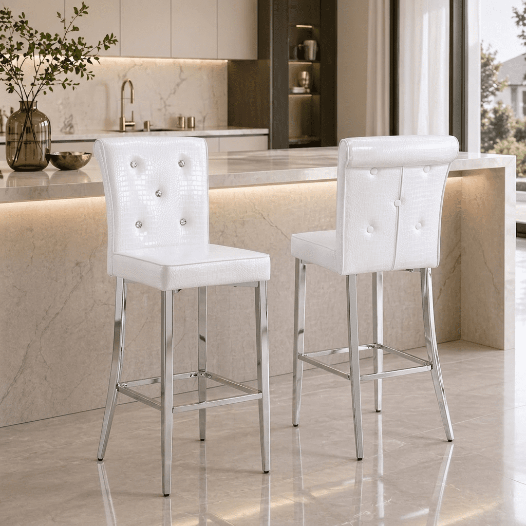 StnTalk Set of 2 White Bar Stools with Silver Metal Legs, Stable PVC Leather Counter Chairs with Leveling Pads, 300lb Capacity Waterproof Stools for Kitchen Island