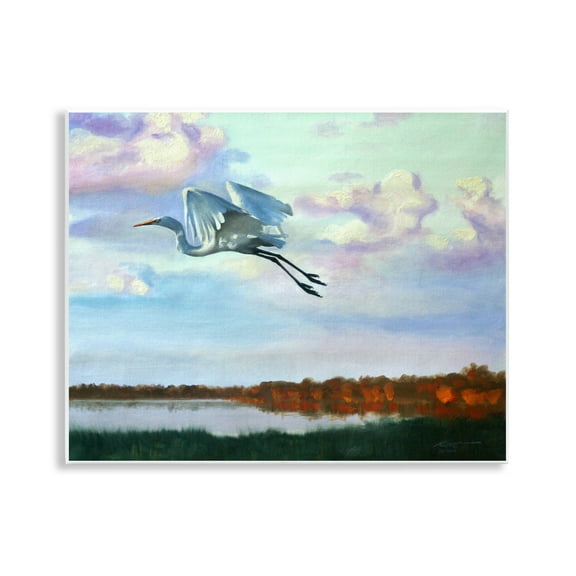 Stupell Industries Egret Over Lake Shore Landscape Painting Unframed Art Print Wall Art, 14 x 11