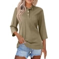 thumbnail image 2 of Womens V Neck 3/4 Sleeve Casual Polo Shirts Collared Button Down Summer Tops Basic Tennis Business T-Shirt Light Brown 3XL, 2 of 6