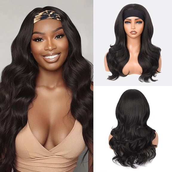 Natural Black Body Wave Headband Wigs for Black Women Natural Looking Half Wig with Headband Attached, 180% Glueless Synthetic Headband Wigs Beginner Friendly Black