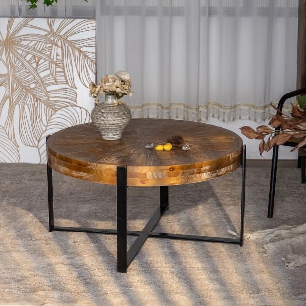BSHTI 33.46"Retro drawing technology Splicing Round Coffee Table,Fir Wood Table Top with Black Cross Legs Base