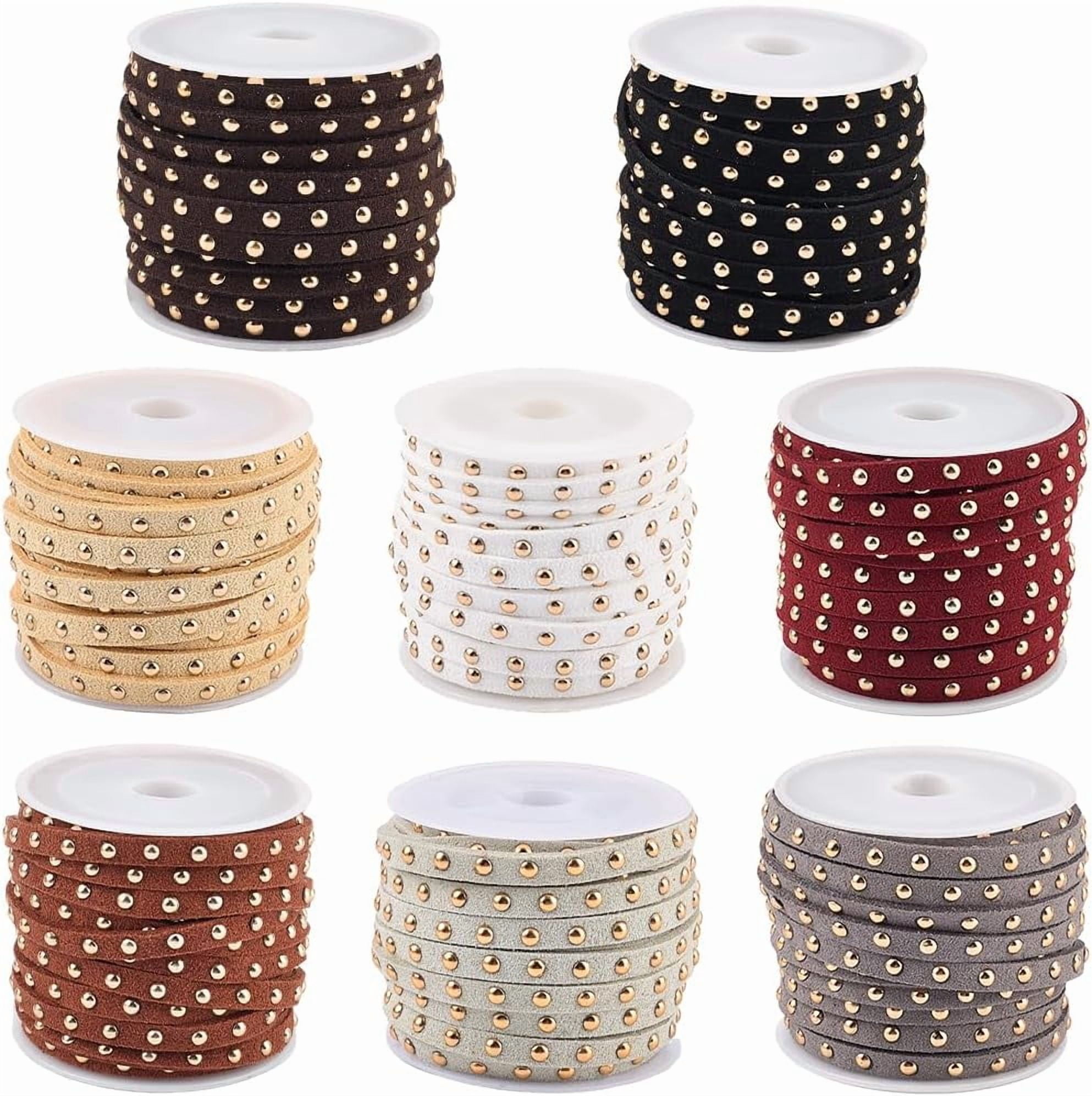 43.7 Yards Studded Suede Cord 8 Colors Flat Microfiber Leather Rope Trim 5mm Lace Beading String Strips Ribbon with Golden Punk Rivets for Jewelry Making Necklaces Bracelets DIY Crafts