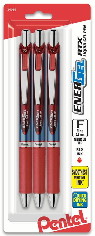 3 X Pentel EnerGel RTX Retractable Gel Pen 0.5mm RED INK NEEDLE TIP 