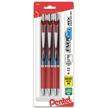Pentel® EnerGel® RTX Retractable Liquid Gel Pens, Fine Point, 0.5mm, 54% Recycled, Assorted Barrel Colors, Red Ink, Pack Of 3 Pans