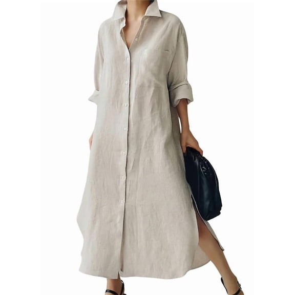 Datmelove Women's Spring Button Down Linen Shirt Dress Summer Flowy Side Slit Maxi Shift Dress
