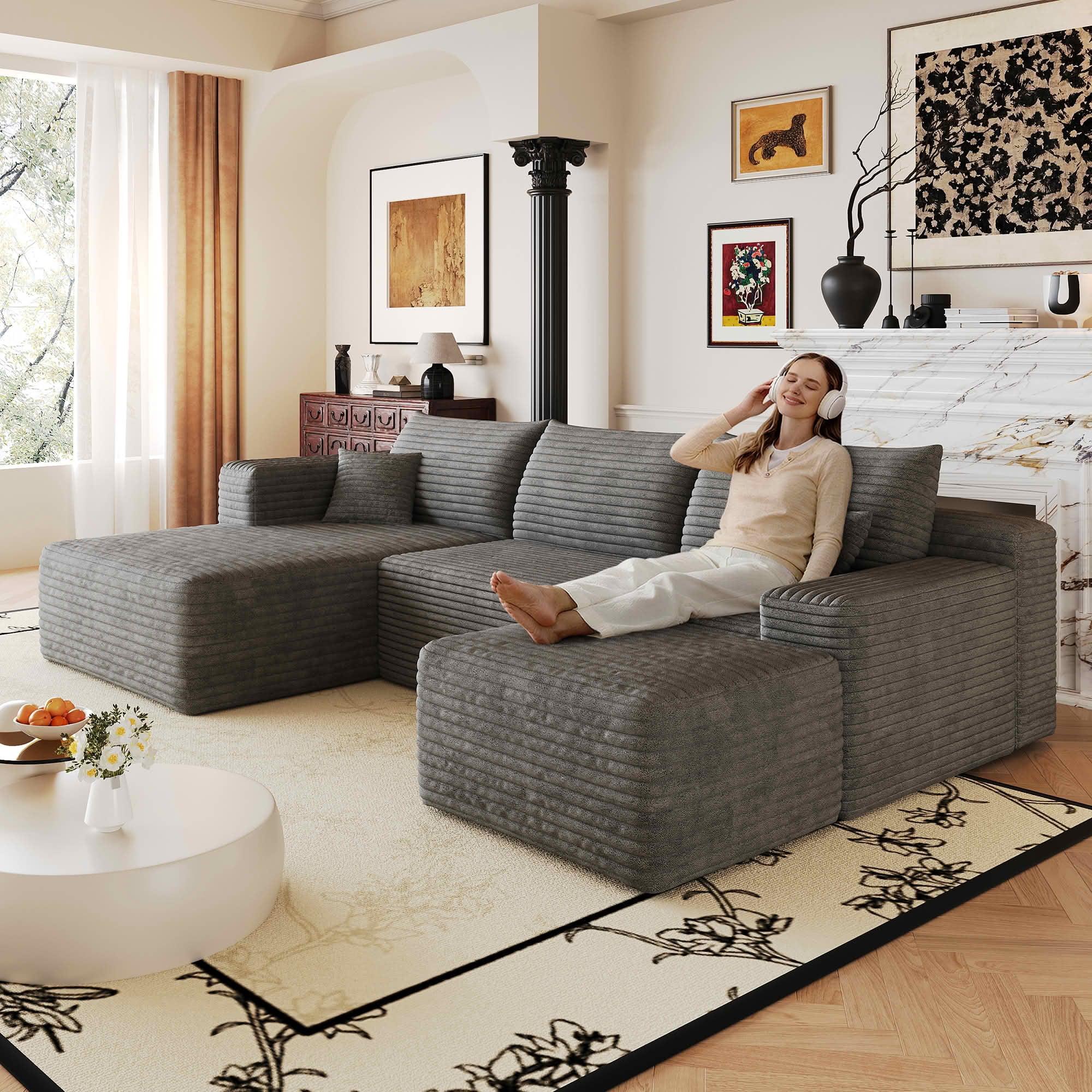 MAYEERTY 103 Inch Cloud L Shaped Sectional Sofa, Plush Corduroy Deep Seat Corner Couch, No Assembly Modern Minimalist Sofa for Living Room Apartment