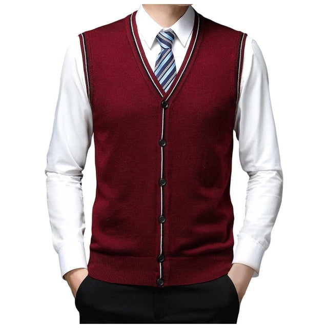 Men's Wool Buckle Vest with V-Neck for Autumn and Winter Pure Color Knit Sleeveless Vest for Layering Collarless Design Non-Hooded Versatile Men’s Sweater Vest