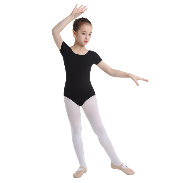 CHICTRY Filles Enfants Justaucorps de Gymnastique Basique à Manches Courtes Extensible Ballet Danse Justaucorps Haut Noir 12