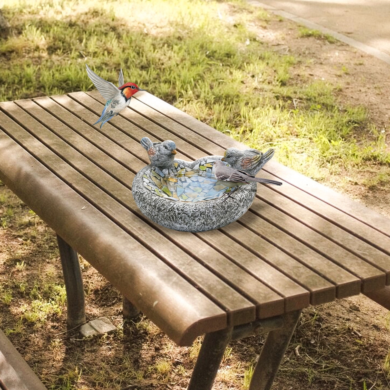 Diceymbol Mosaic Stone Bird Feeder Outdoor Standing Wild Bird Feeder With Dual Bird Figurines Weatherproof Resin Feeder For Garden Patio Yard And Backyard Bird Watching