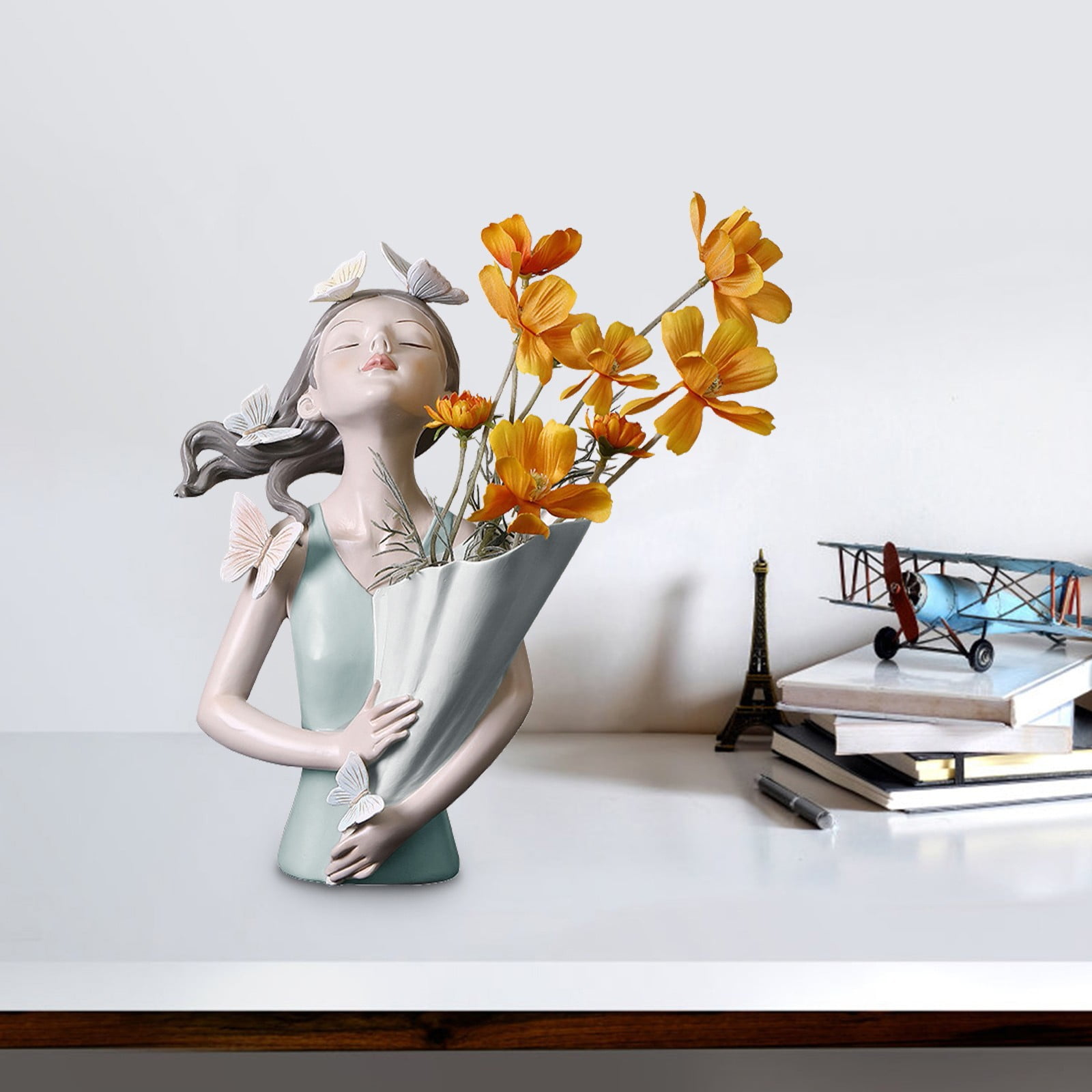 Piwvid Creative Resin Butterfly Girl Sculpture and Flower Vase 