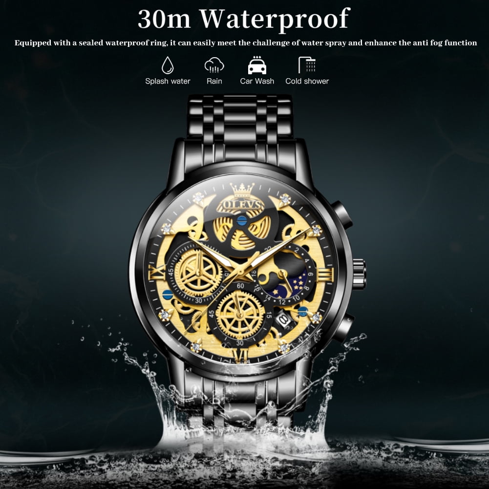 OLEVS Watches for Men Waterproof Luxury Dress Analog Quartz Chronograph Fashion Gold Plated Stainless Steel Moon Phase Luminous Date Classic Mens Wrist Watches Reloj Para Hombre