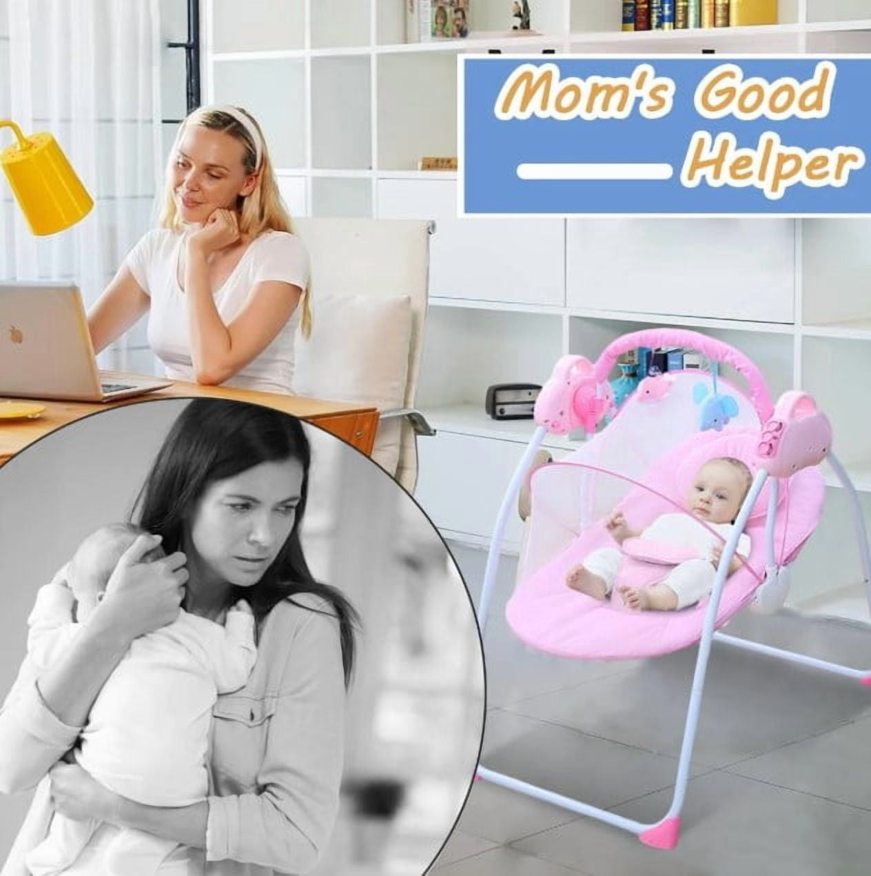 LHUAI, Electric Baby Swing And Bouncer Combo, Portable Compact Automatic, Bluetooth Music, 12 Preset Melodies, Remote, Pink
