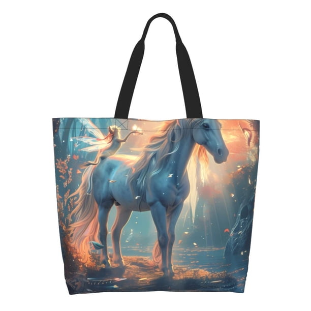 Fotbe Forest Lake White Horse Bolsa Tote Estética de Lona con Estampado para Mujer - Bolsa Reutilizable de Hombro Casual para Vacaciones, Compras, Trabajo y Gimnasio