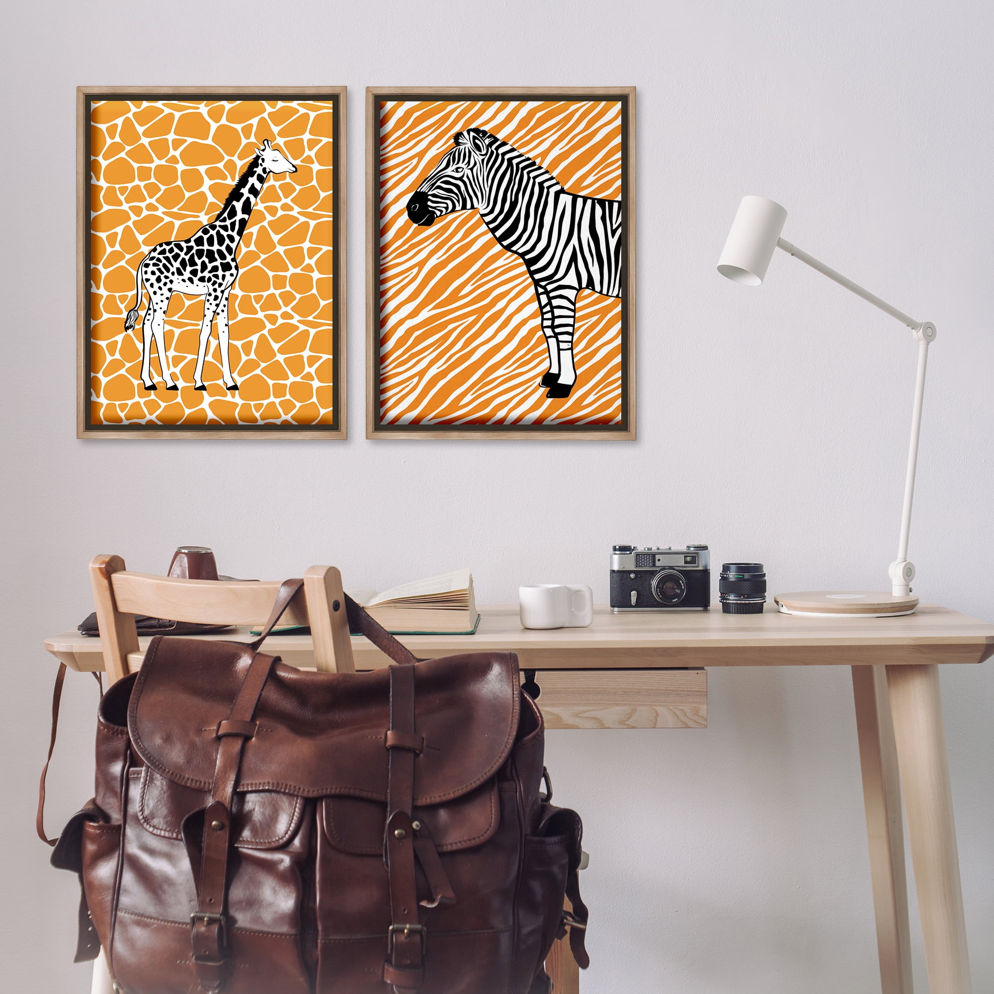 Stupell Industries Jungle Animals on Orange Animals Painting Brown Floater Framed Canvas Art Print Wall Art, 21 x 31, Set of 2